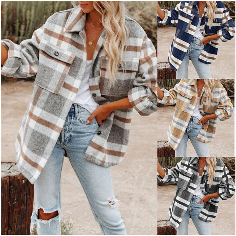 

Mandylandy Autumn New Fashion Women's Shirts Long Sleeves Tops Large Pockets Loose Woolen Jacket Plaid Shirt Midi Coat