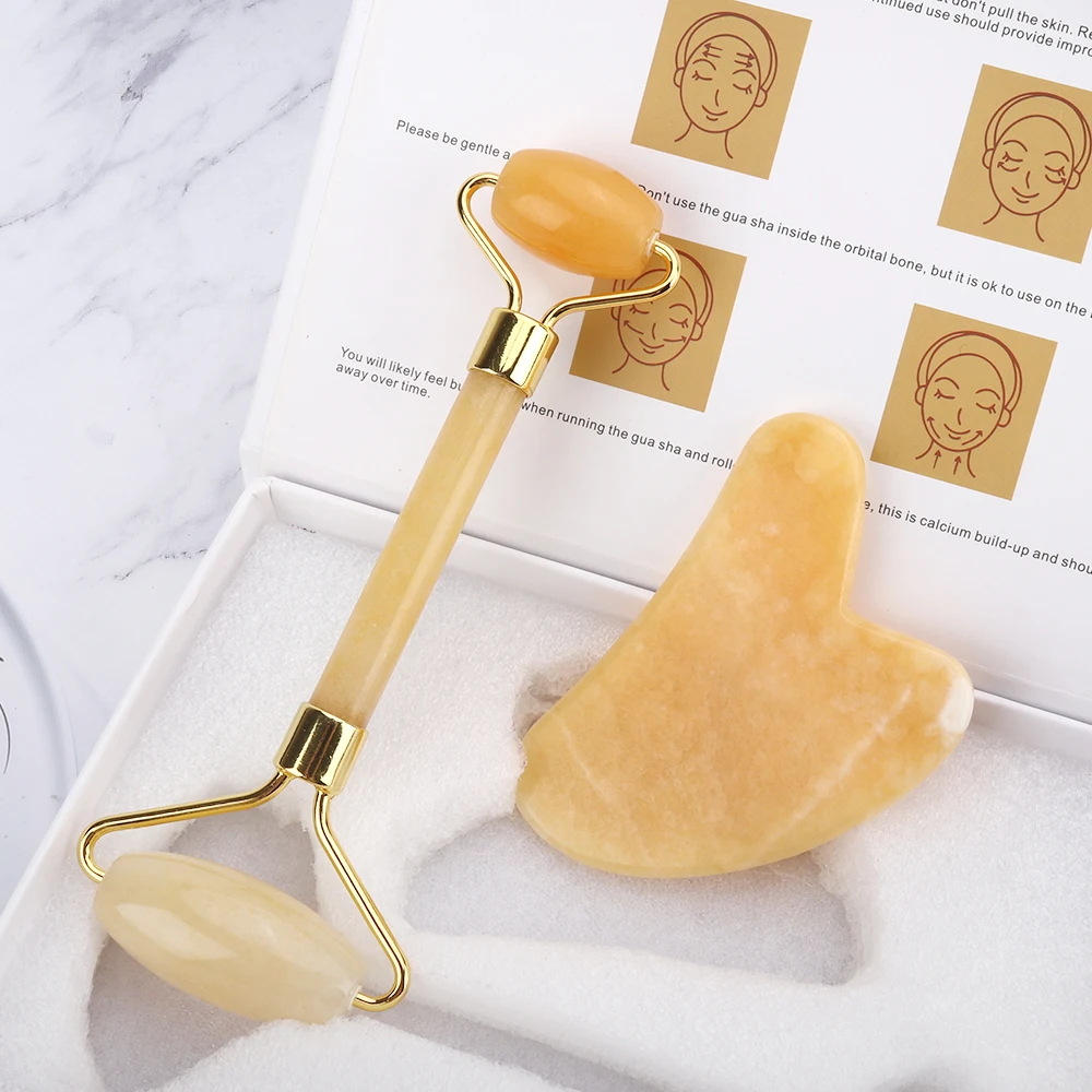 

Yellow Jade Roller Gua Sha Set Natural Jade Face Massager Facial Roller for Skin Eyes Neck Authentic Durable Gua Sha Facial Care
