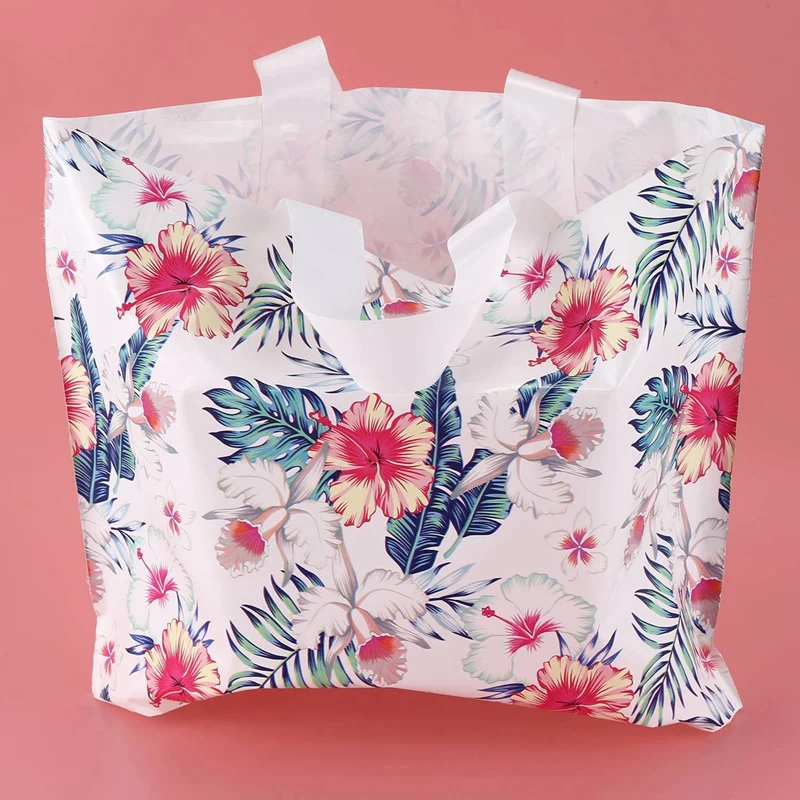 

50Pcs Plastic Bag Tropical Leaf Flower Plastic Bag & 50x Thank You Bags for Business Love Heart Peach Plastic Bags