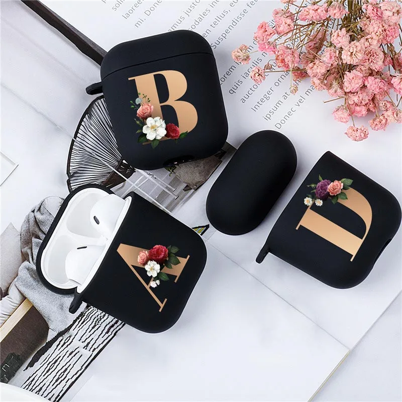 

Cute Floral Gold Initial alphabet Letter AirPods Case For Airpod 2 Cases Silicone Wireless Bluetooth Earphone Cover Matte Black