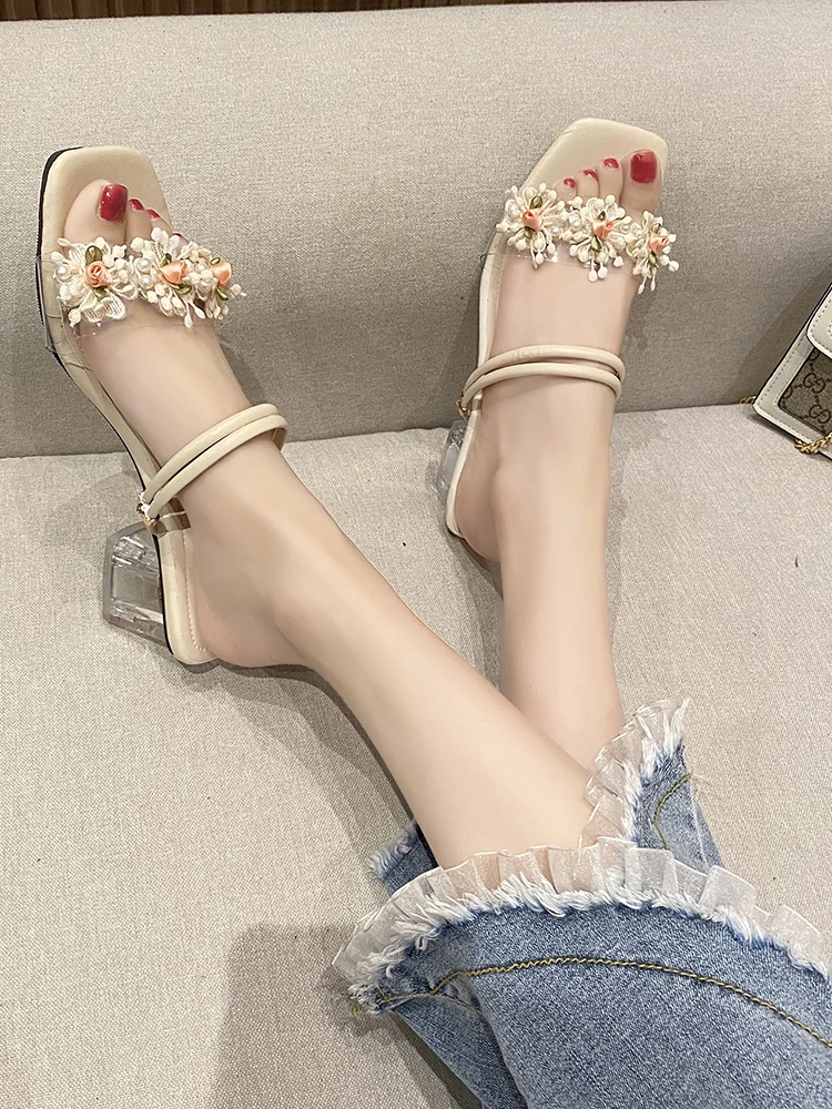 

Flower Shallow High-Heeled Shoes Lady Glitter Slides Square heel Ladies' Slippers Med Fashion Slipers Women Jelly Block Summer S