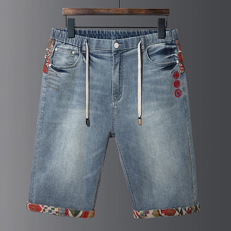 Мужские джинсовые шорты с вышивкой повседневные зауженные хлопковые