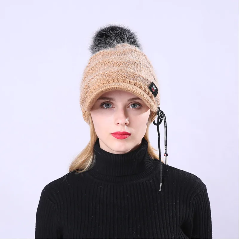 Модная шапка с помпонами для женщин, женские шапки Skullies, теплая меховая женская шапка, зимняя шапка, Брендовая женская шапка