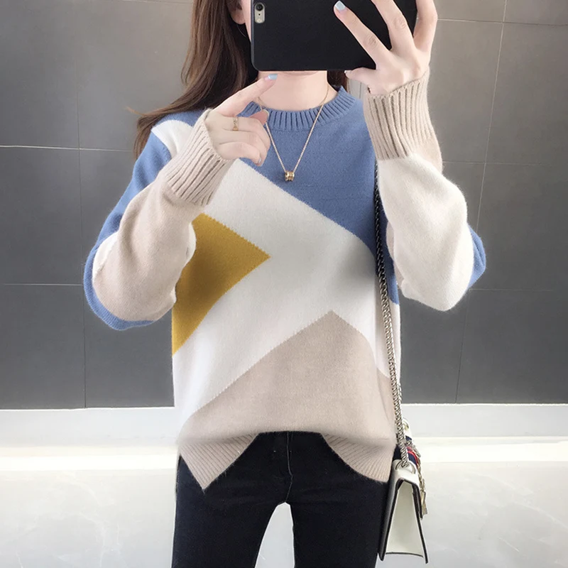 TIGENA Beautiful Contrast Color Knitted Sweater Women 2019 Fall Winter Long Sleeve Pullover Female Loose Jumper | Женская одежда