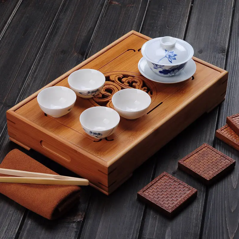 

China Dragon & Phoenix Bamboo Kungfu Tea Ceremony Table Tabletop Serving Tray Kung Fu Tea Tray Water Storage Type