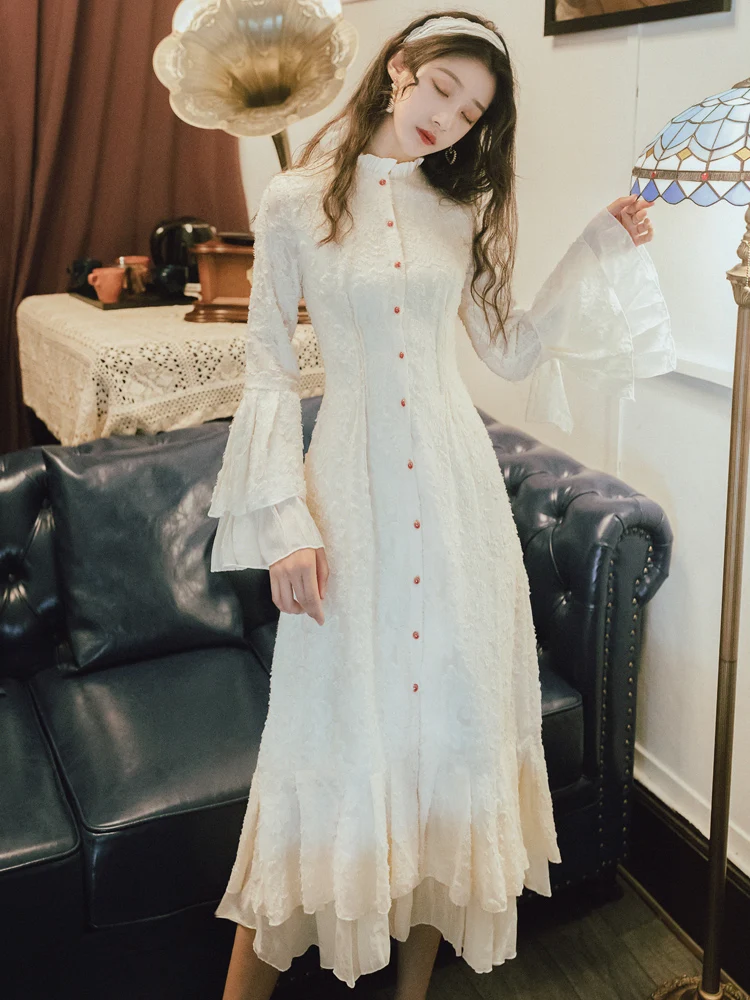 YOSIMI, бежевое кружевное женское платье средней длины, Осеннее, Vestidos, винтажное, длинный рукав, для вечеринки, до середины икры, длинный рукав, элегантные платья