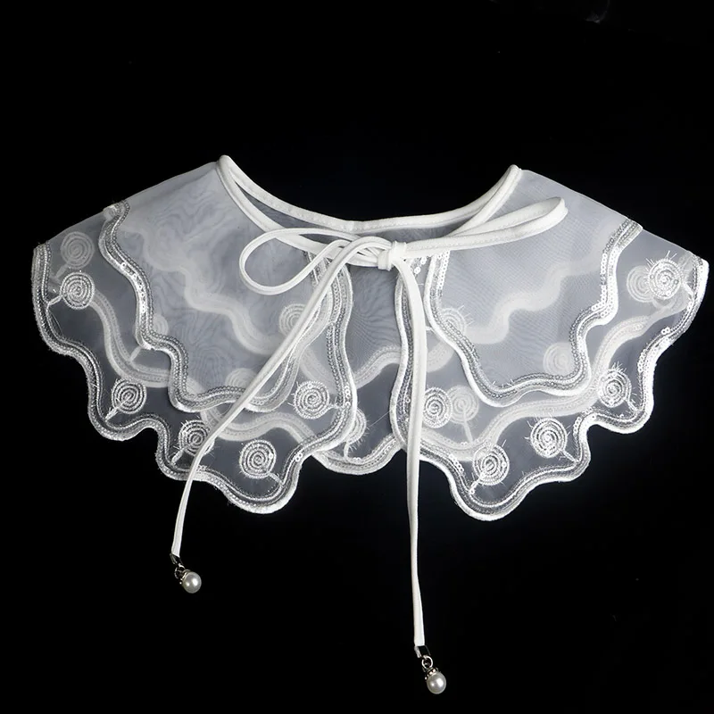 Женский съемный воротник Питер Пэн из органзы с белыми блестками и жемчугом