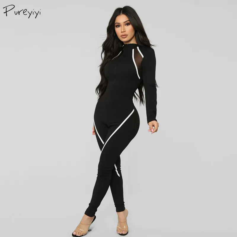 Черный комбинезон Женский Облегающий на молнии спереди с длинным рукавом для