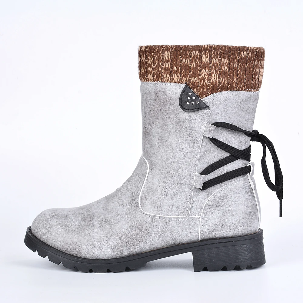 Puimentiua Winter Shoes Women Boots Basic Mid-Calf Boots Round Toe Zip Platform Decor Female Shoes Warm Lace Up Boots Shoes