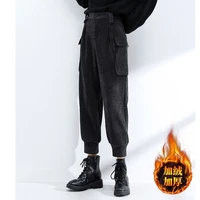 plus velvet corduroy overalls womens high waisted waistband was thin and thickened harem pants corduroy casual pants