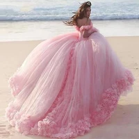 2022 romantic puffy tulle wedding dresses cinderella pink boho beach bridal ball gown off shoulder flowers vestidos de novia