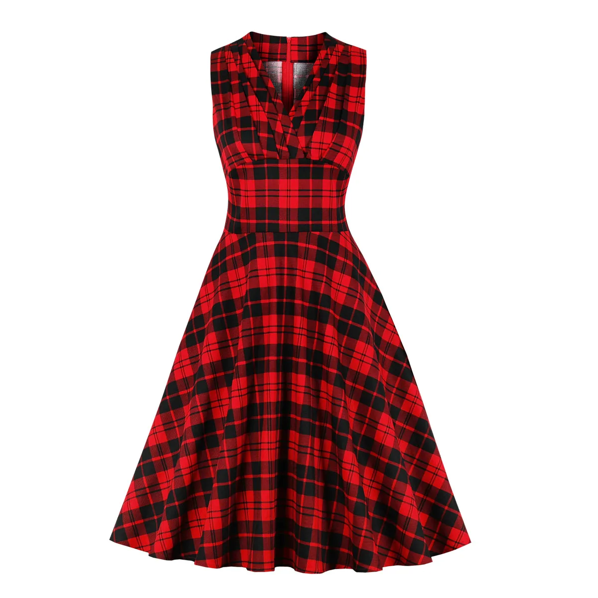 

Women's Black Red Check Pleated Front High Waist 1950s Vintage Dress