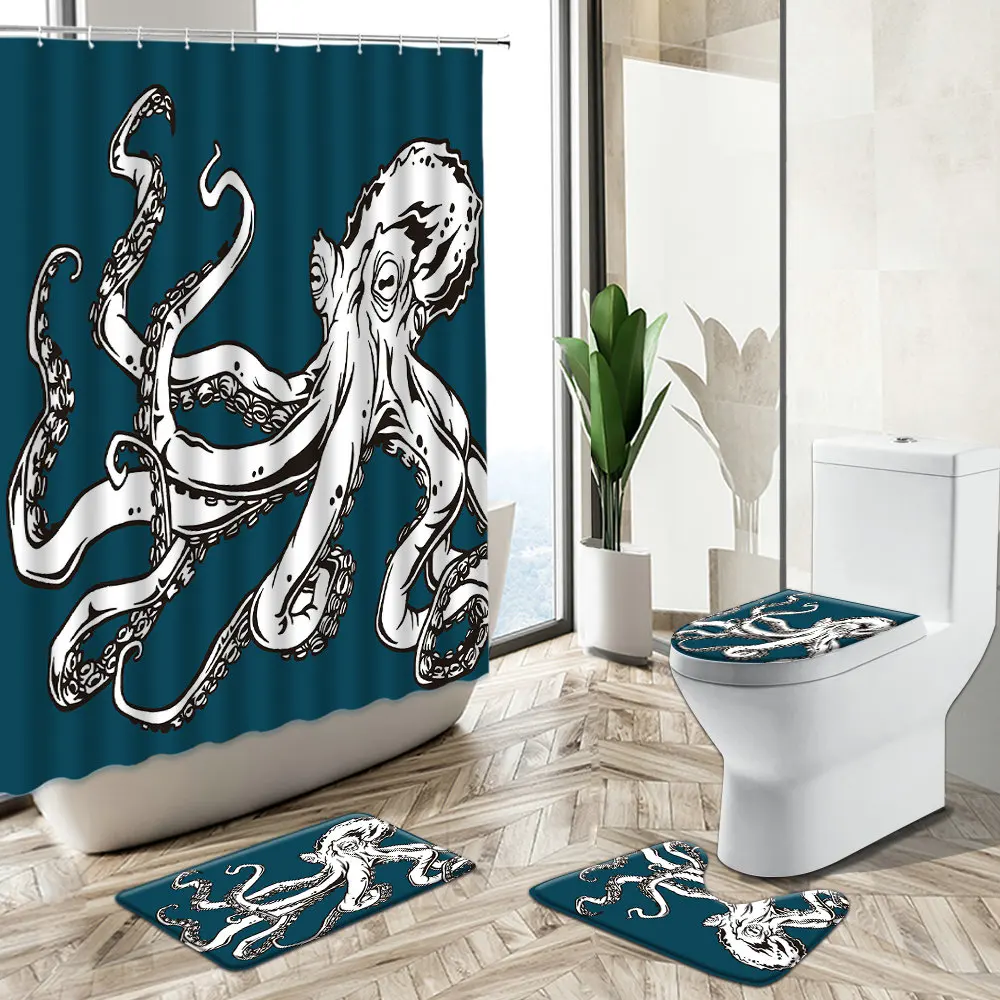 

Creative Octopus Print Shower Curtain Sea Animal Theme Home Decor Non-Slip Rug Toilet Lid Cover Flannel Child Boy Bathroom Set