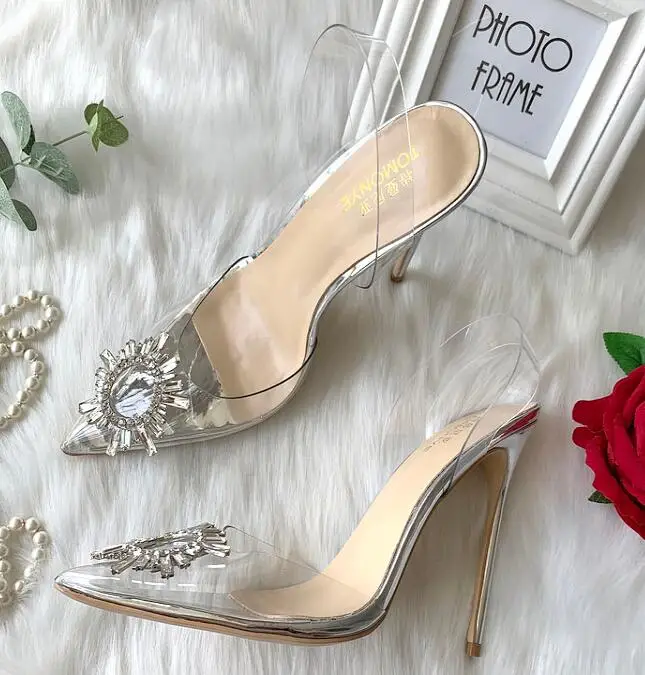

BONJEAN Sexy Transparent PVC High Heel Shoes Pointed Toe Shallow Ankle Strap Woman Pumps Crystal Decoraitons Stiletto Heels