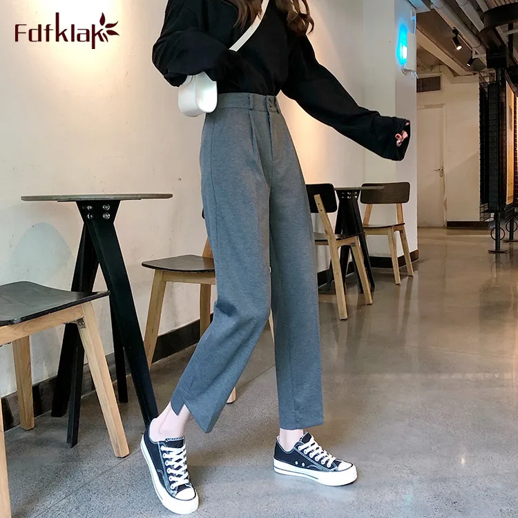 

Новые свободные женские прямые укороченные брюки Fdfklak с высокой талией, черные студенческие Костюмные брюки, Демисезонные женские брюки