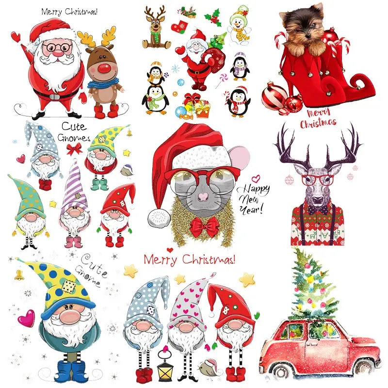 

Christmas Patches For Clothing Iron-On Transfers for T-Shirt DIY Stickers Deer Santa Claus Tree Car Patch Heat Transfer Clothes