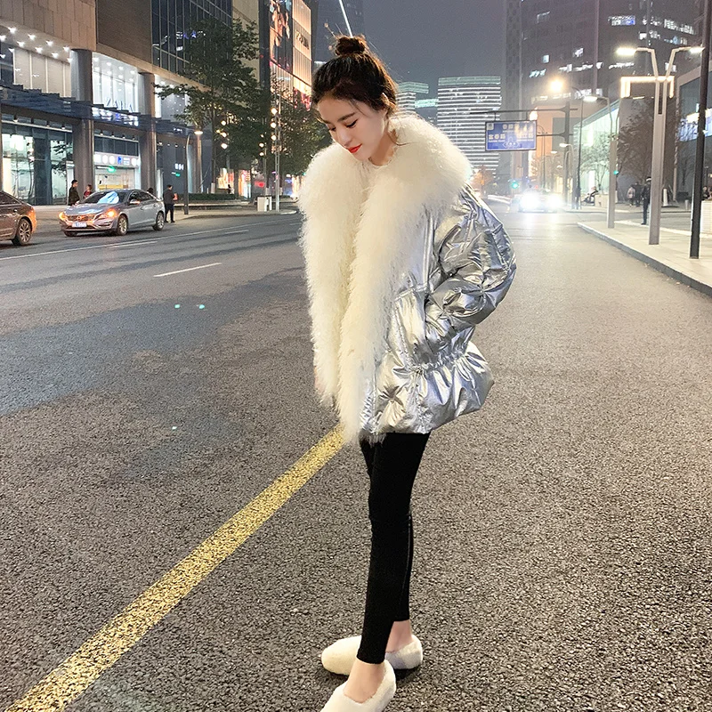 

2020 New Women Winter Natural Fur Collar Coat Female White Duck Down Parkas Lady Thick Warm Bright Surface Short Jackets S88