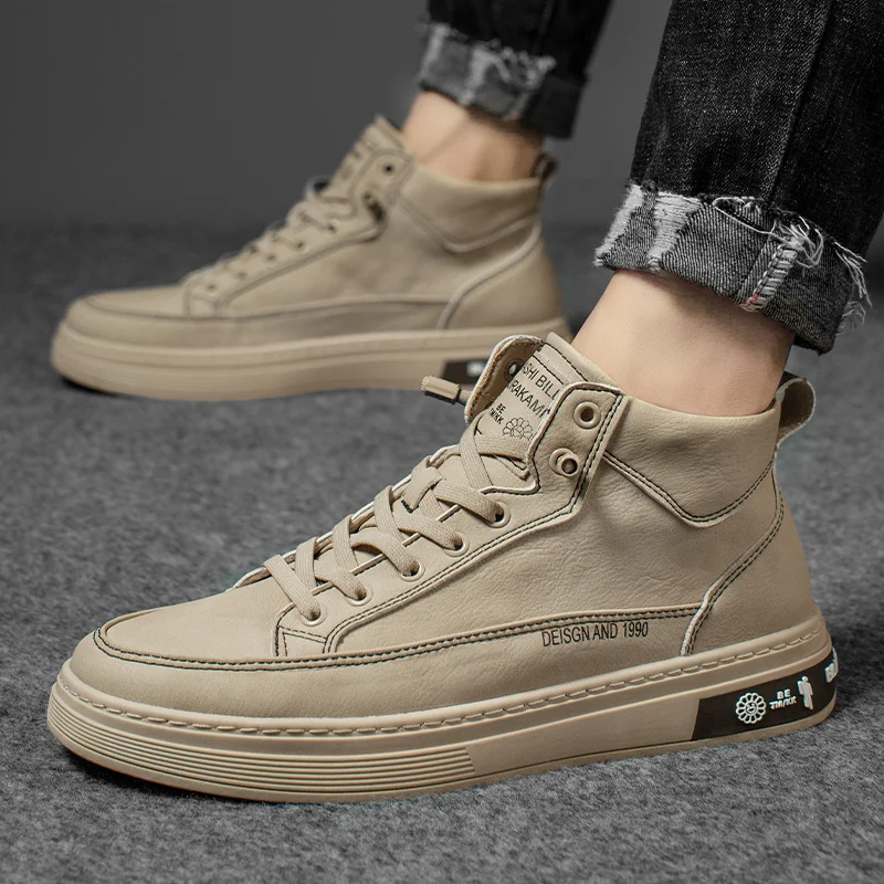 

TAKAMUN 2021 Spring Autumn New Fashion Shoes High-Top Walking Leather Casual for Men's Black Sneakers Lace-up Flats White Boots