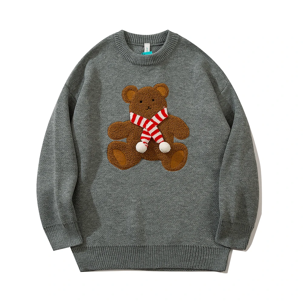 

Embroidery Bear Knitting Sweater Men Women Autumn Winter Fashion Streetwear Loose Round Neck Sweater Pullover Bottoming Shirt
