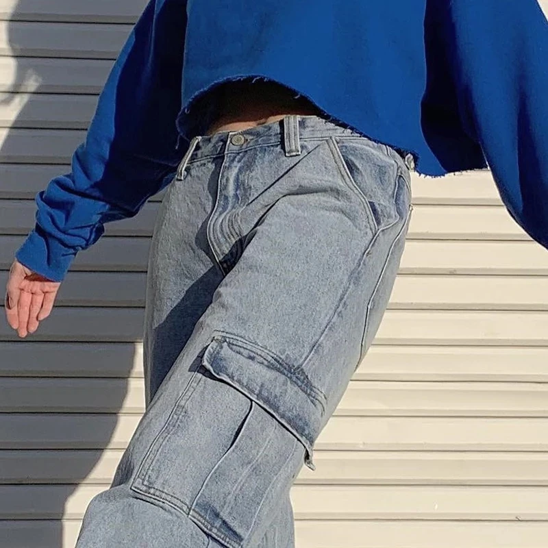 

Pockets Patchwork High Waist Jeans Women Streetwear Straight Jean 100% Cotton Cargo Pants
