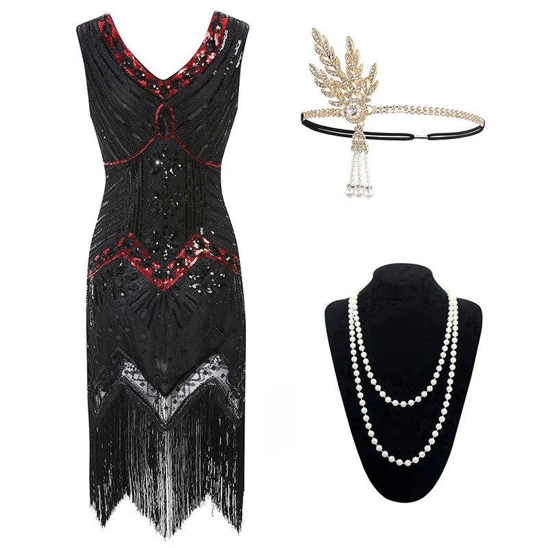 Black Red Set Винтажное женское платье 1920s Gastby со сплошным расшитым блестками Сетчатое платье в стиле модерн украшенное бахромой платье размера плюс черный/зеленый/белый/золотой - Цвет: Black Red Set