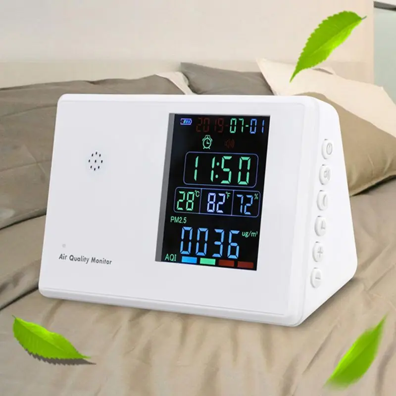 

Air Quality Monitor PM2.5 CO2 HCHO TVOC CO2 AQI Detector Gas Analyzer with Clock B85C