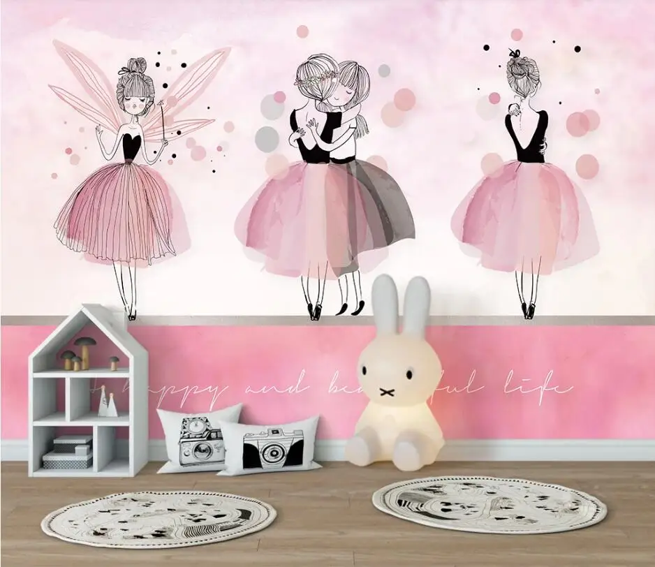 beibehang Custom fashion green three-dimensional Nordic pink ballerina girl children's room background papel de parede wallpaper - Цвет: 18714309