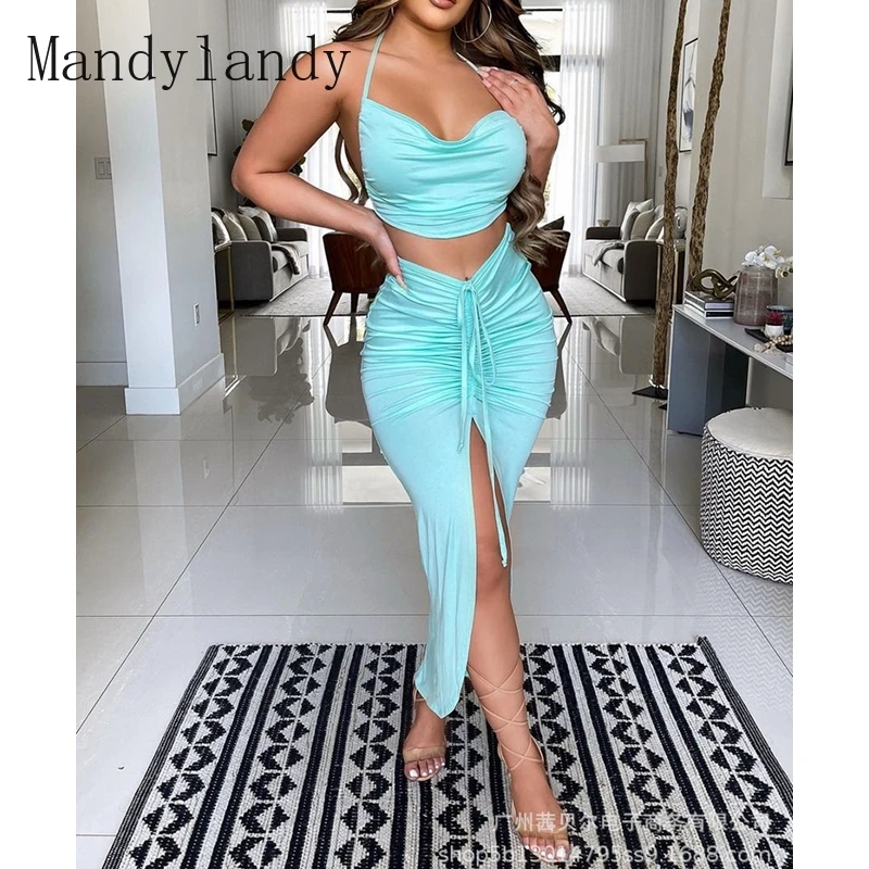 

Женский пикантный однотонный облегающий костюм Mandylandy, летний костюм на бретелях-спагетти с V-образным вырезом и открытой спиной + бандажный ...