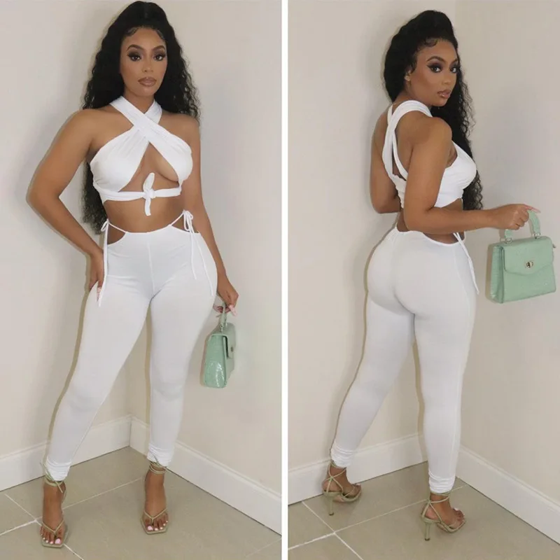 

YICIYA Sexy Tracksuit Women 2 Piece Sets Womens Summer Cross Halter Corset Crop Top Hollow Out Pant Suits Vacation Outfits Club