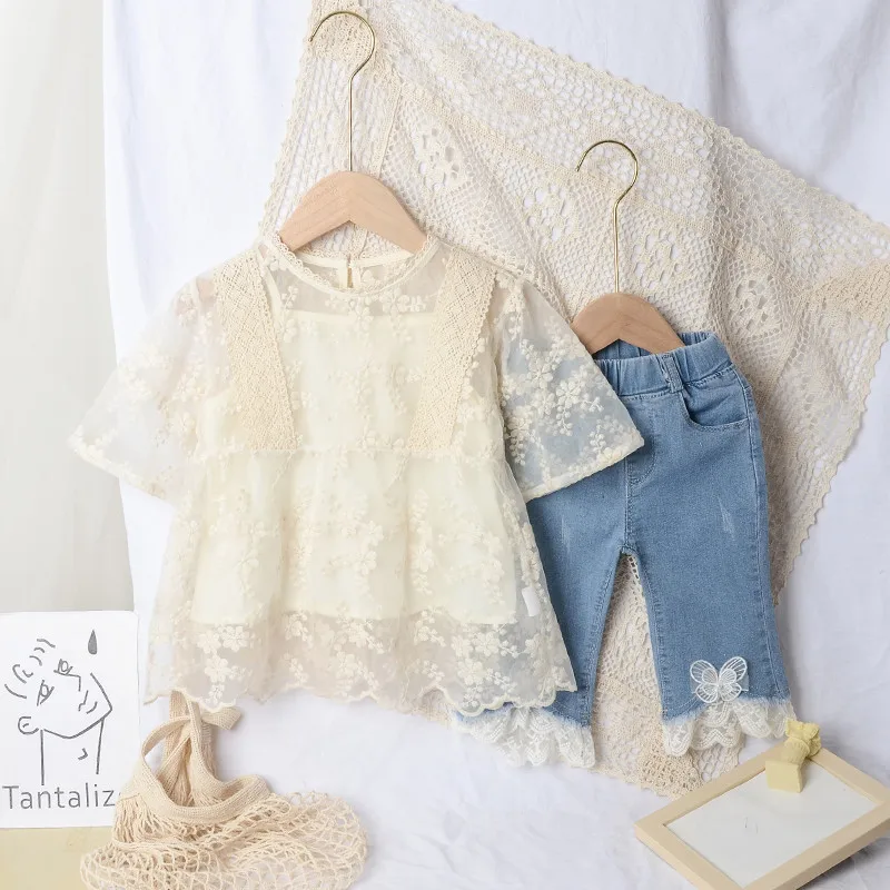 

Girls Shirts 2021 Summer Children's Clothing Lace Shirt Baby Sling Camisole+Hollow Shirt Toddler Girl Outfits Kids Girls Clothes