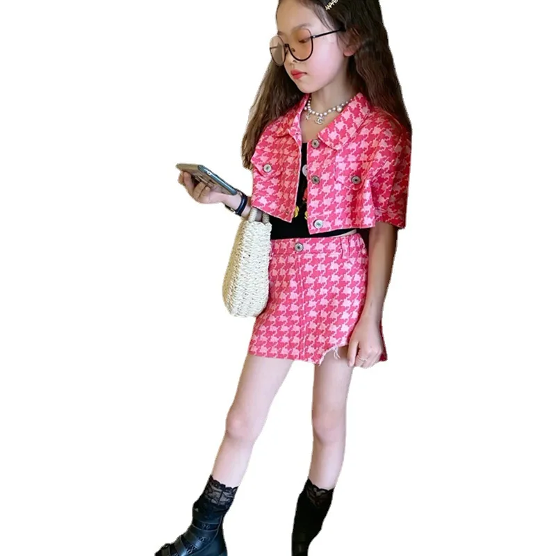 

Girls fashion suit 2021 summer foreign pink houndstooth bag hip skirt two-piece denim short jacket trend