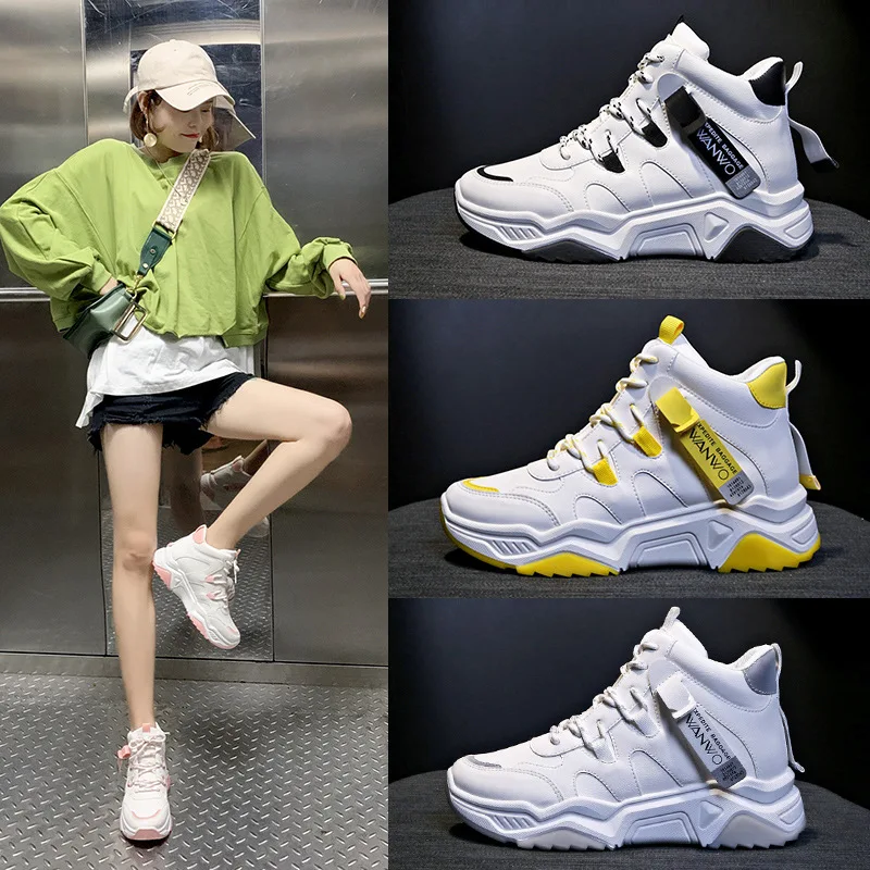 

2020 Autumn New Style Korean-style Hight-top Athletic Shoes Women's Shoes White Versatile Running Shoes WOMEN'S Casual Shoes