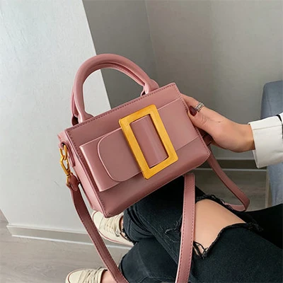 Pink Роскошная металлическая квадратная пряжка маленькая квадратная сумка для дам модная PU кожаная сумка на плечо Женская Повседневн - Цвет: Pink