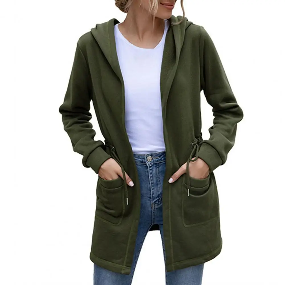 

Women Autumn Winter Waist Drawstring Hooded Coat Open Front Mid-length Cardigan