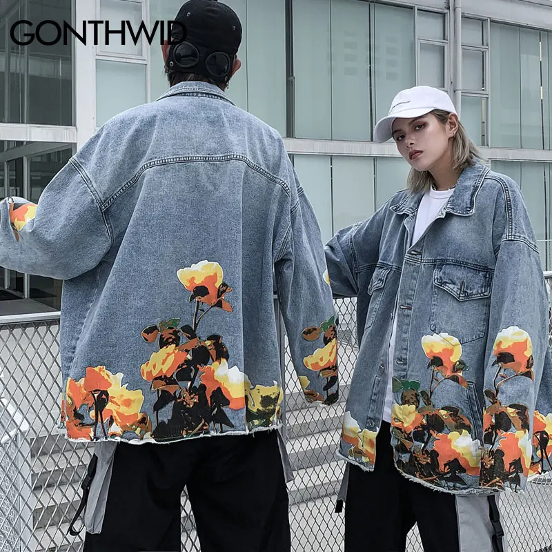 GONTHWID/джинсовые куртки с цветочным принтом, пальто в стиле хип-хоп, повседневные свободные джинсы, уличная куртка, топы для мужчин, модная верхняя одежда, куртка