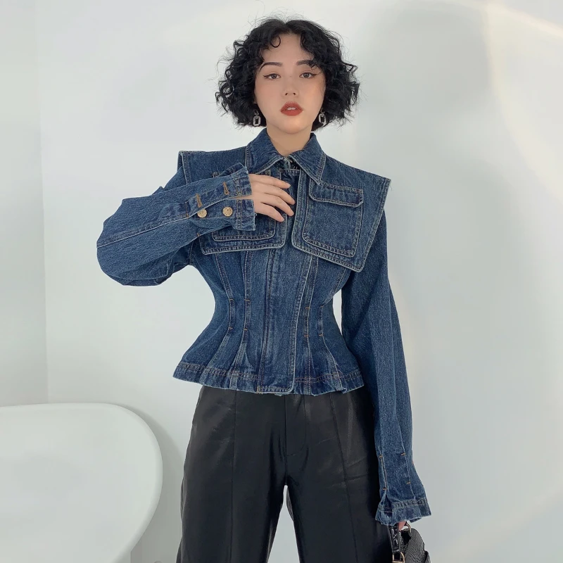 

Women Blue Denim Jacket Cape Pocket Trim Pleated Waistline Zipper Jean Female Korean Loose Jackets Outerwear Coats