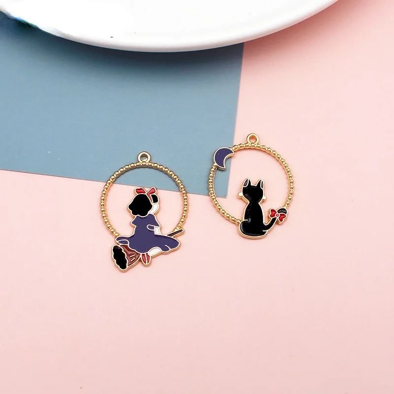 

Halloween Cat Witch DIY Jewelry Accessories Alloy Dripping Broom Witch Black Cat Back View Bow Pendant