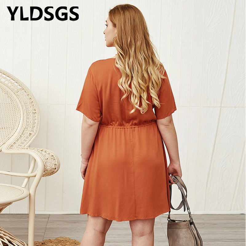 

YLDSGS Summer Sundress Women Elegant Dress Plus Size Short Sleeve Casual Loose Buttons High Waist Work Midi Vestidos Robe