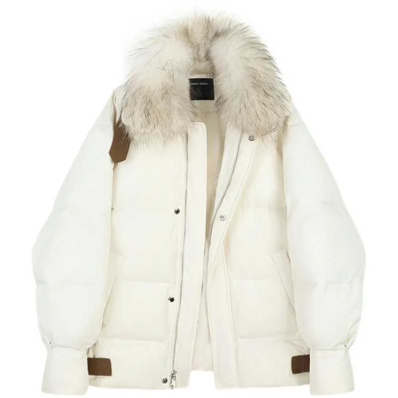 2021 Winter Women Coat White Duck Down Fashion Fur Collar Short Warm Jackets Zipper Casual Thick Down Jacket Female Outerwear