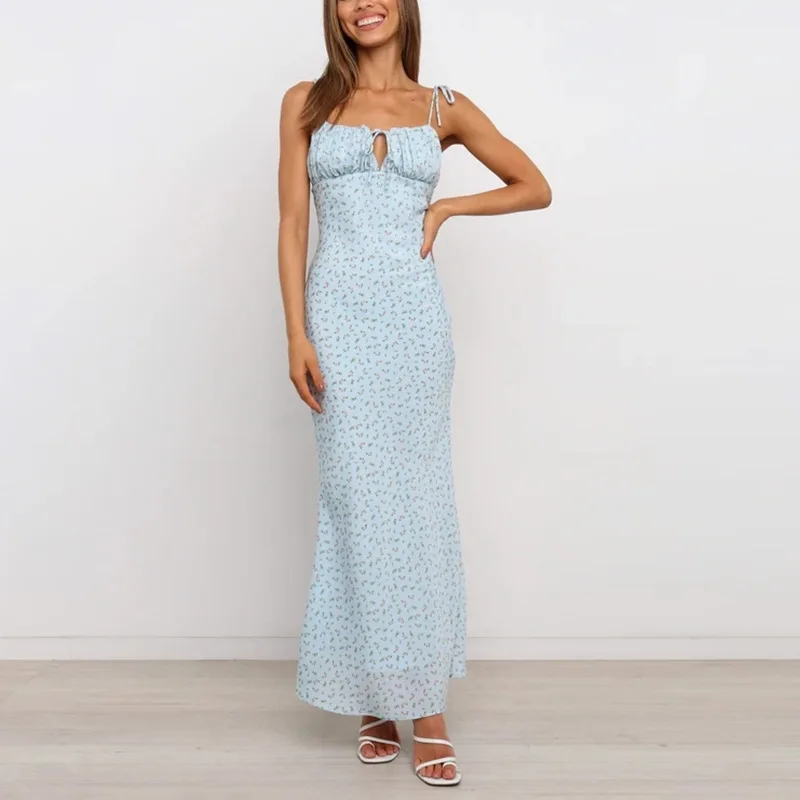 

2021 Summer Dress Woman Blue Floral Dress Sexy Backless Sleeveless Bandage Ruched Maxi Dresses Women Party Chic Lady Clothes