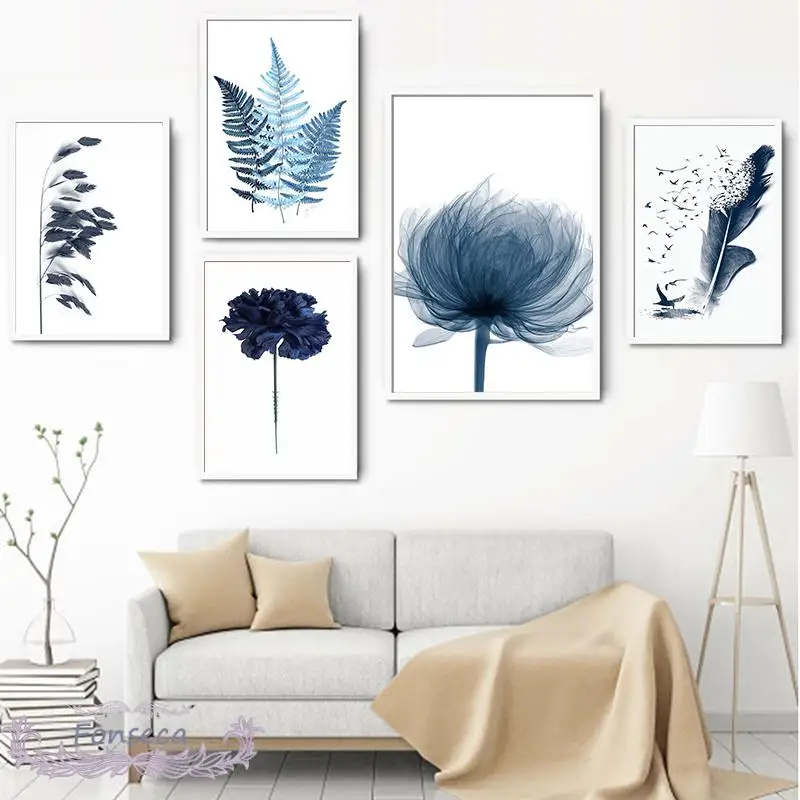 

Watercolor Blue Botanical Leaf Poster Minimalist Nordic Flowers Plant Canvas Painting Wall Art Pictures for Living Room Unframed