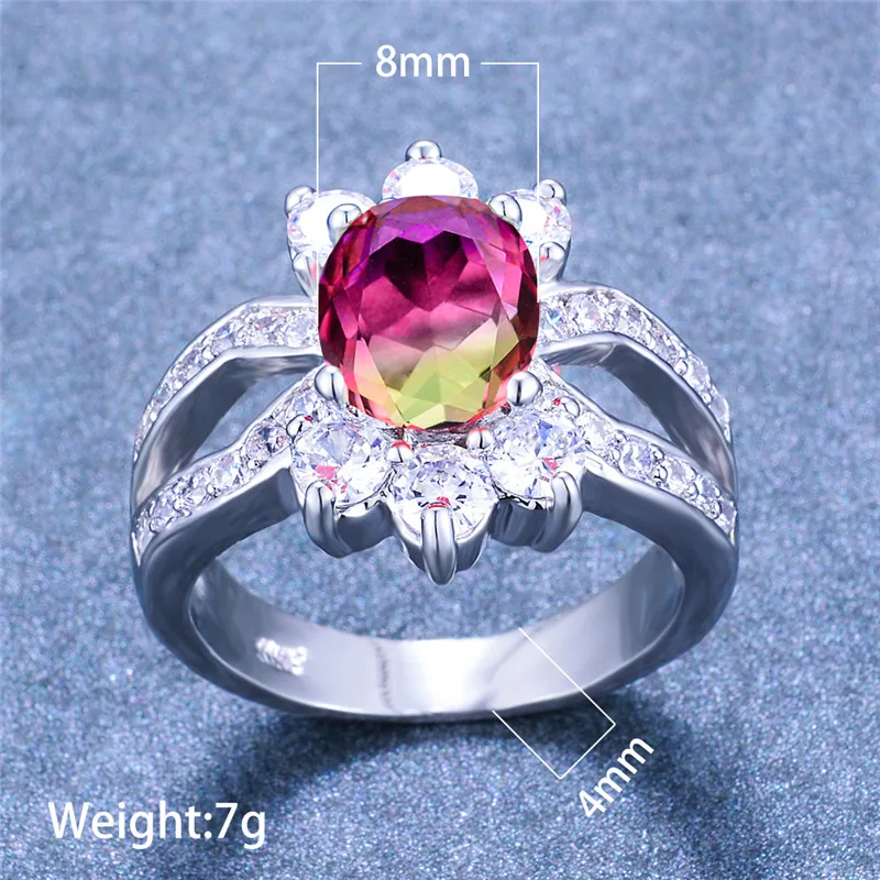 

Luxury Big Oval Rings For Women Vintage Silver Wedding Band Ring Jewelry Vintage Rainbow Crystal Purple Stone Ring