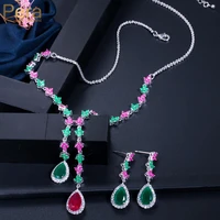 pera classic water dropping red green cubic zirconia stone pave setting long dangle necklace and earrings sets for ladies j024