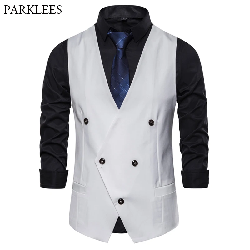 

White Double Breasted Waist Coat for Men 2020 Spring New Slim Fit Mens Sleeveless Vest Waistcoat Business Wedding Chaleco Hombre