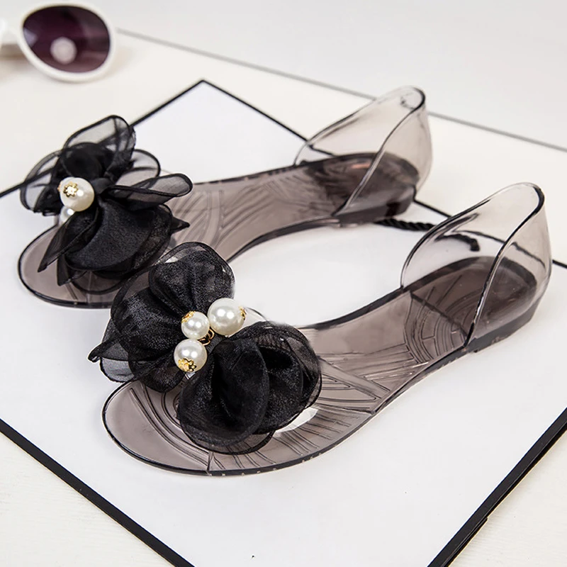 Женские босоножки летняя стильная прозрачная обувь с жемчугом и бантом женские