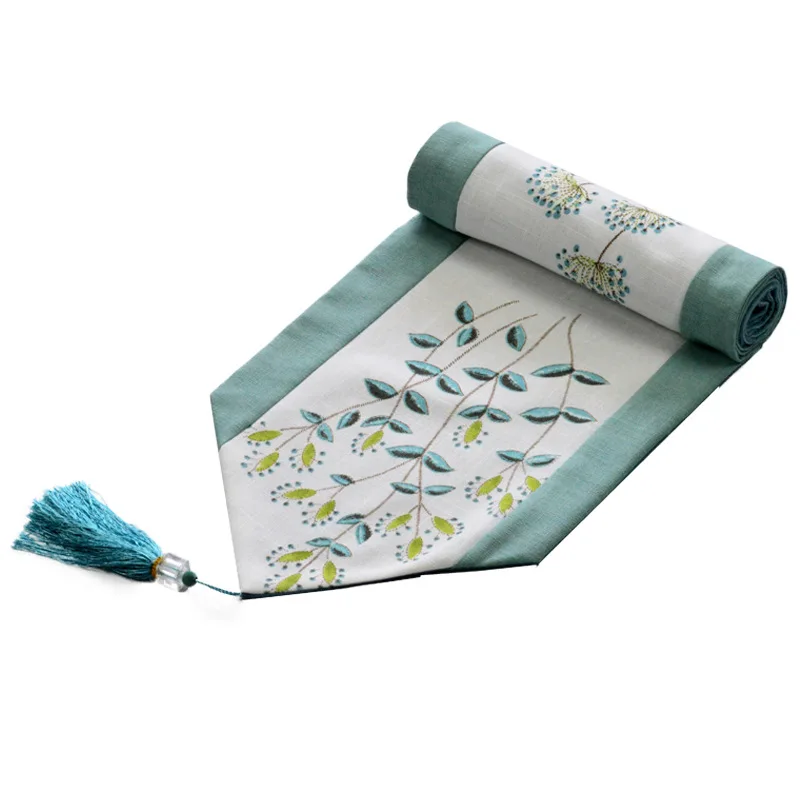 

American Rural Style Dandelion Pattern Table Runner Green Plant Table Flag Cover Decoration for Dining Table Party with Tassels