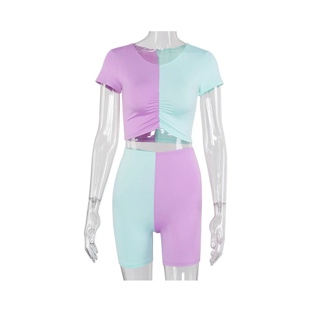

Women Casual 2 Piece Color Block Outfit, Short Sleeve Ruched Crop T-Shirts Short Pant Tight Clothes Sets 2020 New