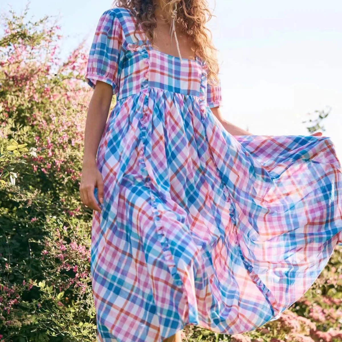 

Pirate Hippie Plaid Square Collar Maxi Dress Women Puff Sleeve Long Dress Boho Party Vintage 2021 Summer Holiday Casual Vestidos