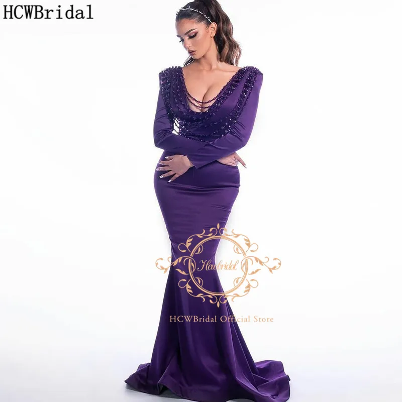 

Elegant Purple Long Sleeves Evening Dress With Beading V Neck Floor Length Women Formal Gowns Mermaid Evening Dresses Plus Size