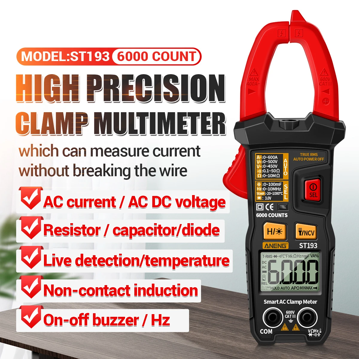 

Digital Clamp Meter 6000 Counts True RMS NCV Universal Meter DC/AC Voltage 600A AC Current Digital Multimeter Clamp-type Tester